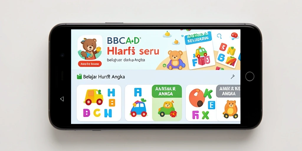 Tampilan interaktif aplikasi BBCA4D untuk belajar huruf dan angka.