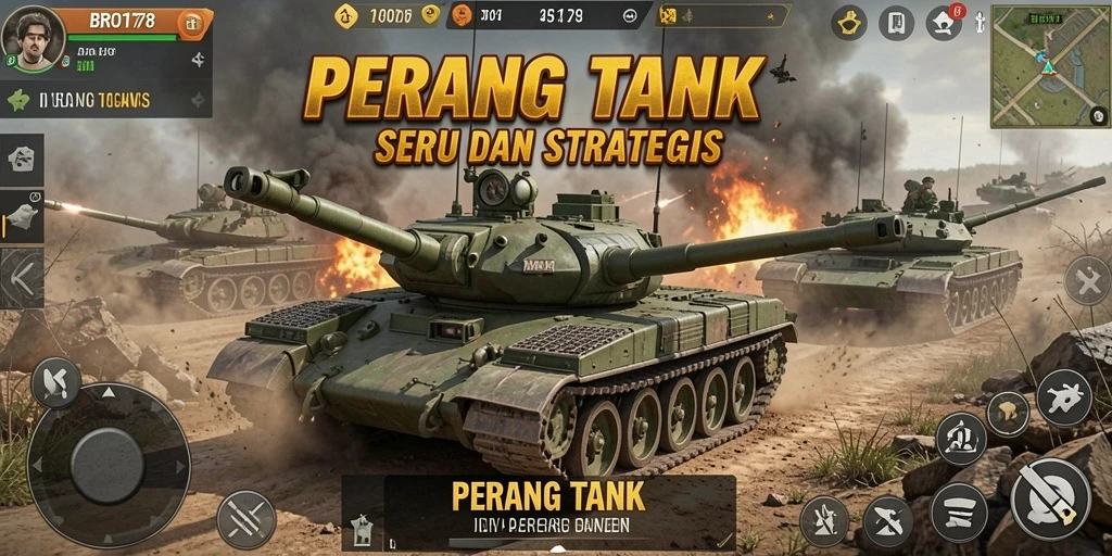 Screenshot BRO178 menunjukkan pertarungan tank yang intens dan taktik mendebarkan.