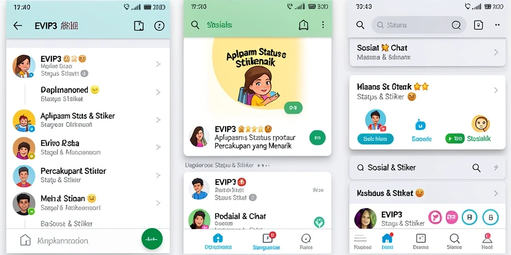 Antarmuka utama EVIP3 menampilkan berbagai pilihan status dan stiker.